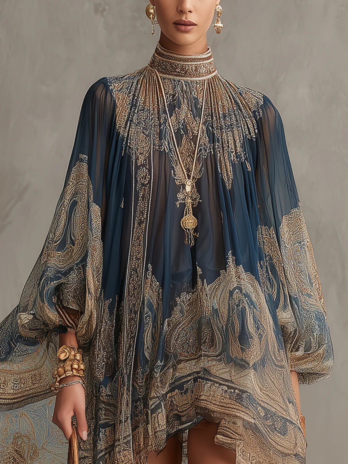Berenice | Mini Abito Asimmetrico in Chiffon Stampa Barocca Blu Navy con Collo Alto