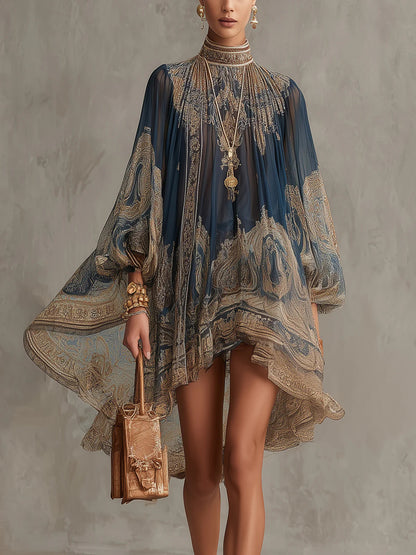 Berenice | Mini Abito Asimmetrico in Chiffon Stampa Barocca Blu Navy con Collo Alto