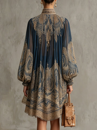 Berenice | Mini Abito Asimmetrico in Chiffon Stampa Barocca Blu Navy con Collo Alto