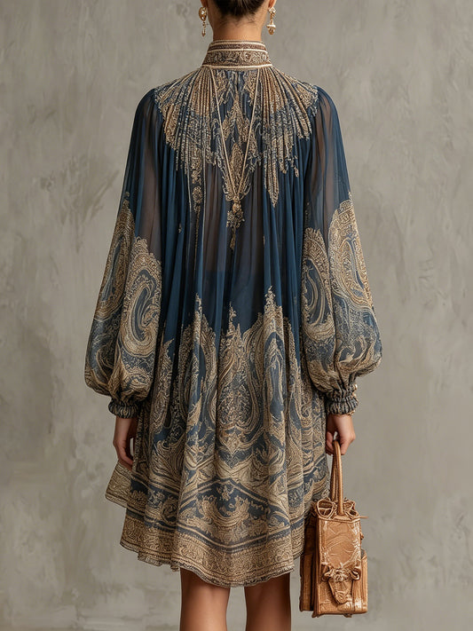 Berenice | Mini Abito Asimmetrico in Chiffon Stampa Barocca Blu Navy con Collo Alto
