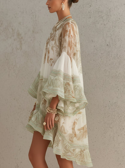 Rosalia | Mini Abito in Chiffon con Maniche a Volant e Orlo a Righe Verde