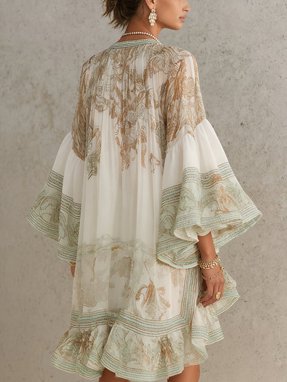 Rosalia | Mini Abito in Chiffon con Maniche a Volant e Orlo a Righe Verde