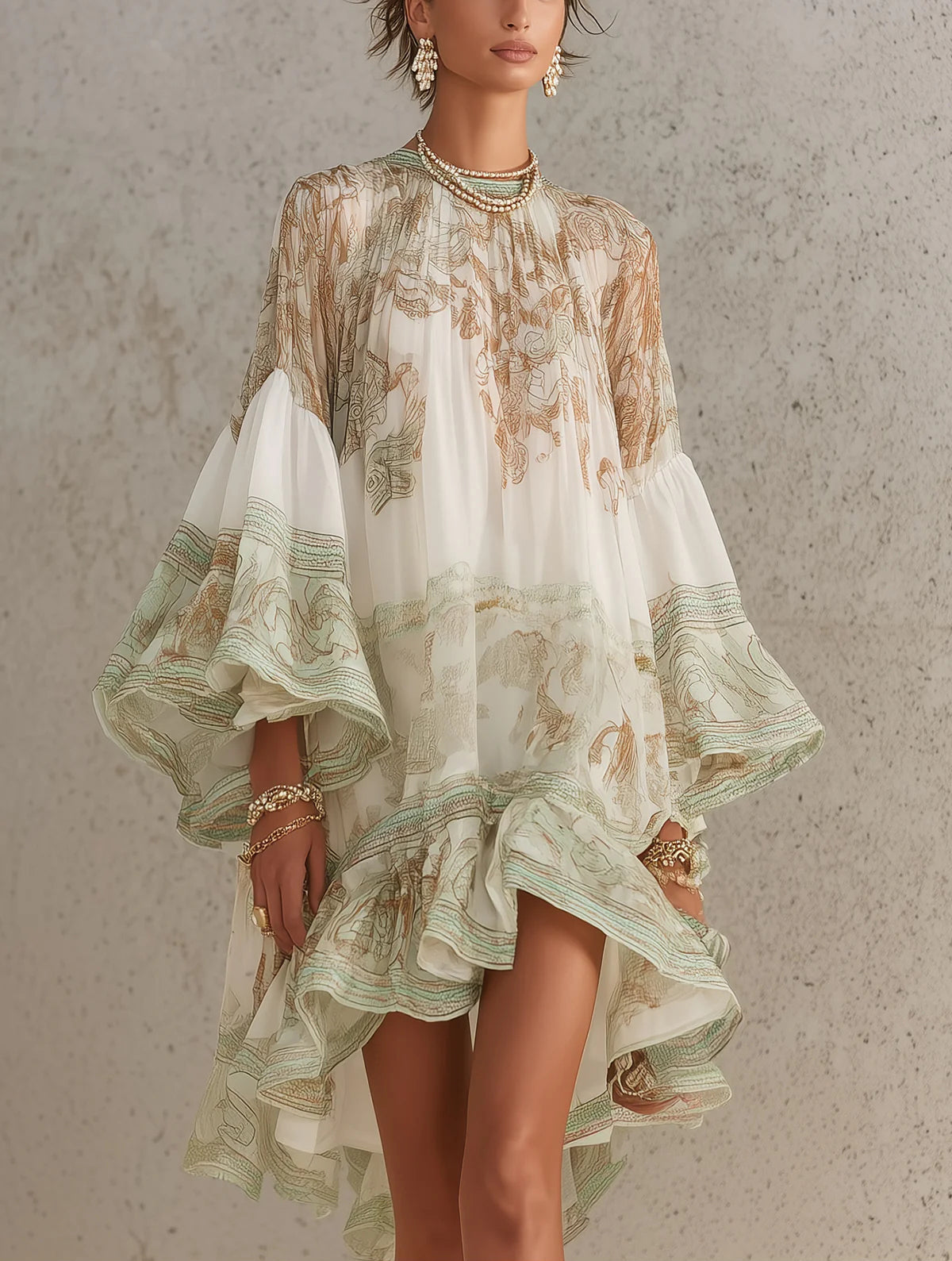 Rosalia | Mini Abito in Chiffon con Maniche a Volant e Orlo a Righe Verde