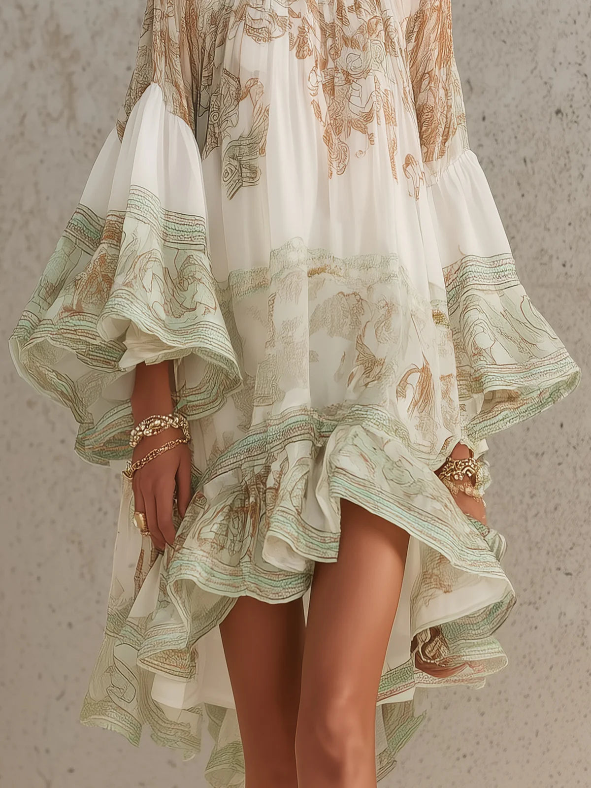Rosalia | Mini Abito in Chiffon con Maniche a Volant e Orlo a Righe Verde