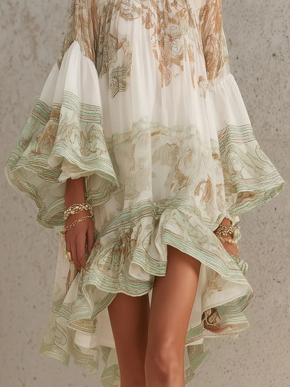 Rosalia | Mini Abito in Chiffon con Maniche a Volant e Orlo a Righe Verde