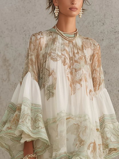 Rosalia | Mini Abito in Chiffon con Maniche a Volant e Orlo a Righe Verde