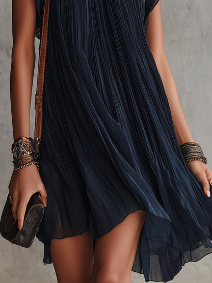 Apollonia | Mini Abito Plissettato in Chiffon Ricamato a Fiori Blu Navy