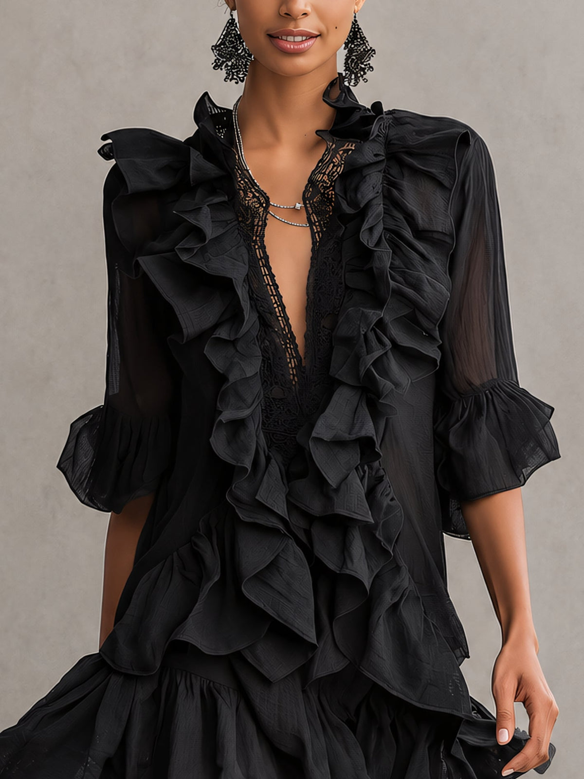 Anna | Mini Abito in Chiffon Nero con Volant