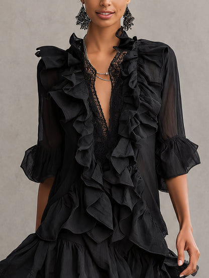 Anna | Mini Abito in Chiffon Nero con Volant