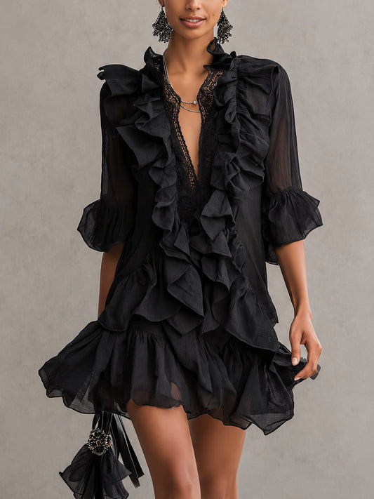 Anna | Mini Abito in Chiffon Nero con Volant
