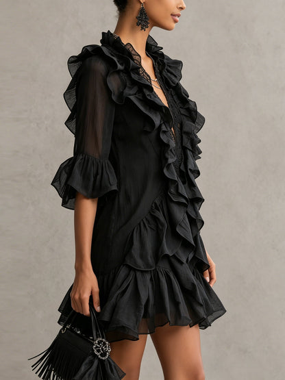 Anna | Mini Abito in Chiffon Nero con Volant