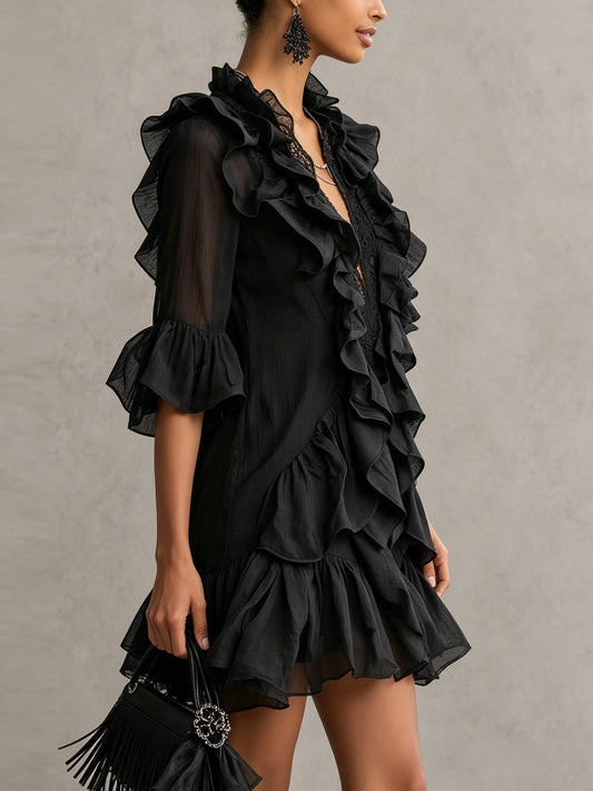 Anna | Mini Abito in Chiffon Nero con Volant