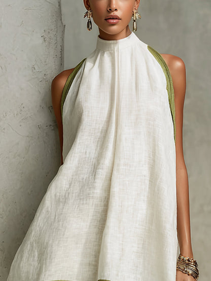 Agata | Mini Abito Svasato Smanicato Bianco e Verde Oliva a Fiori