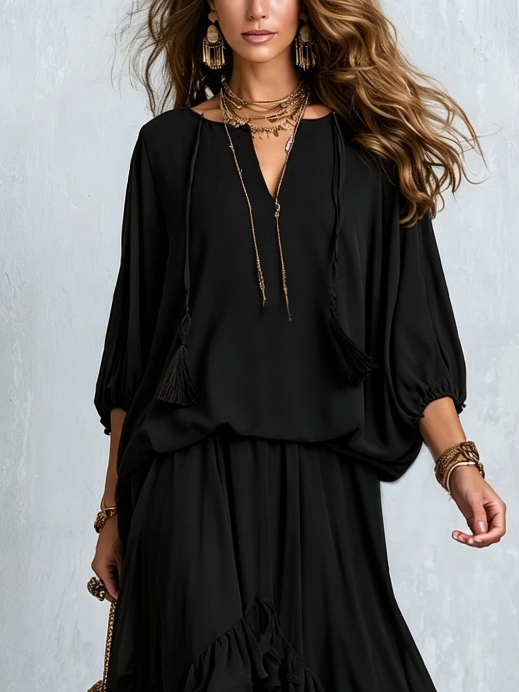 Annamaria | Completo con Top in Chiffon Nero e Gonna a Volant