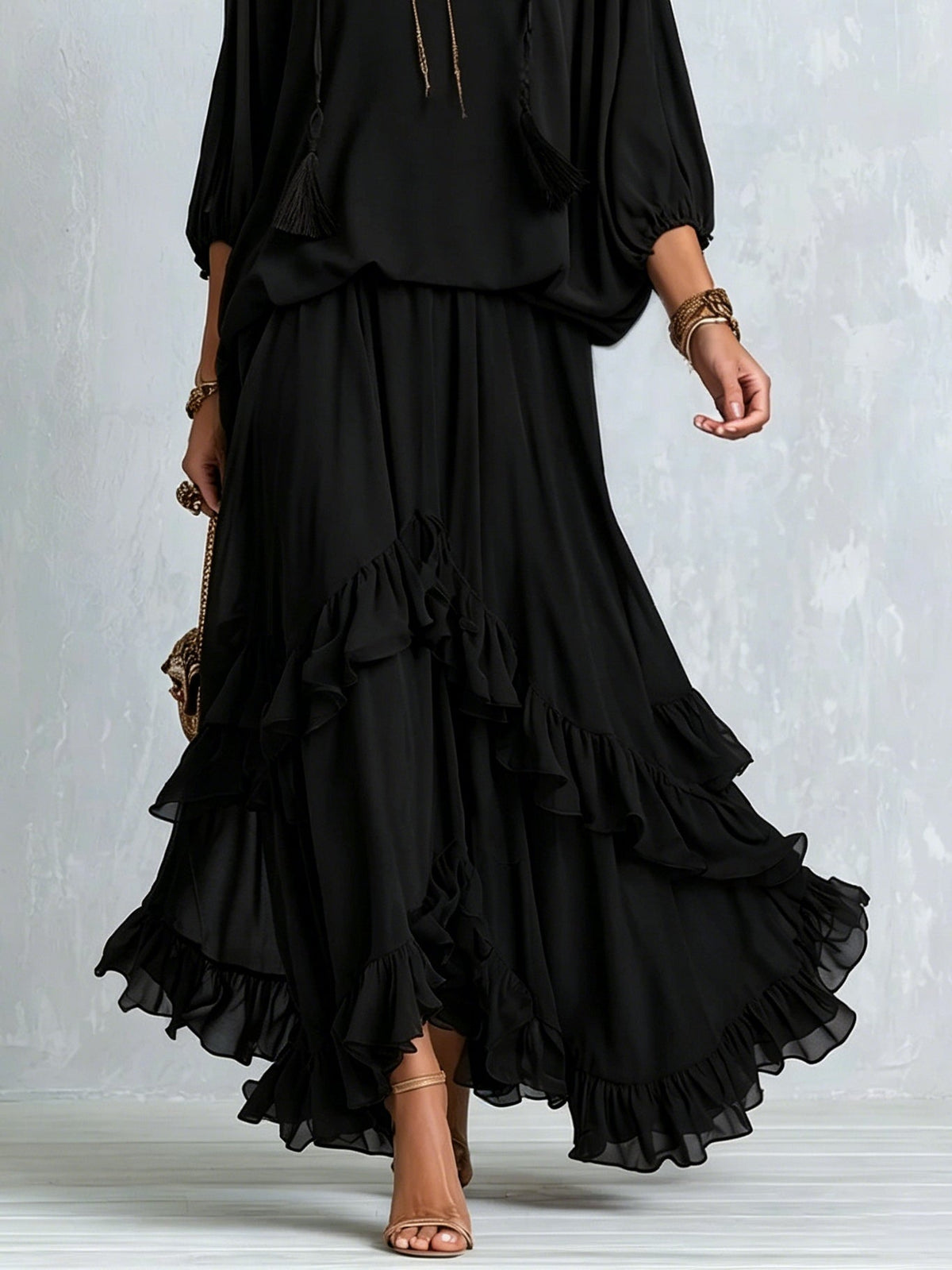 Annamaria | Completo con Top in Chiffon Nero e Gonna a Volant