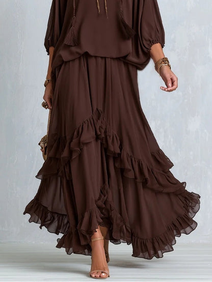 Fiorella | Completo con Top in Chiffon Marrone e Gonna a Volant