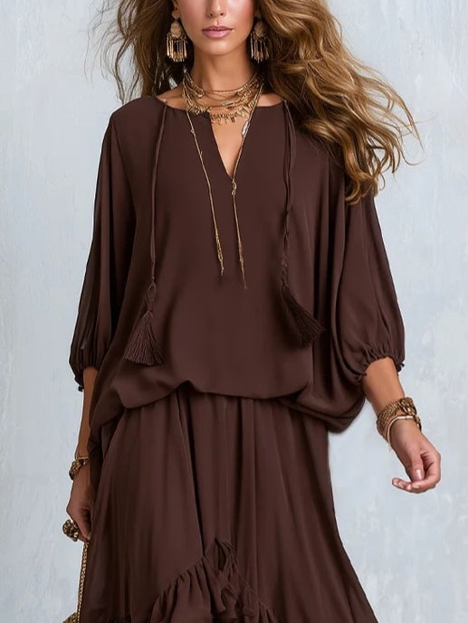 Fiorella | Completo con Top in Chiffon Marrone e Gonna a Volant