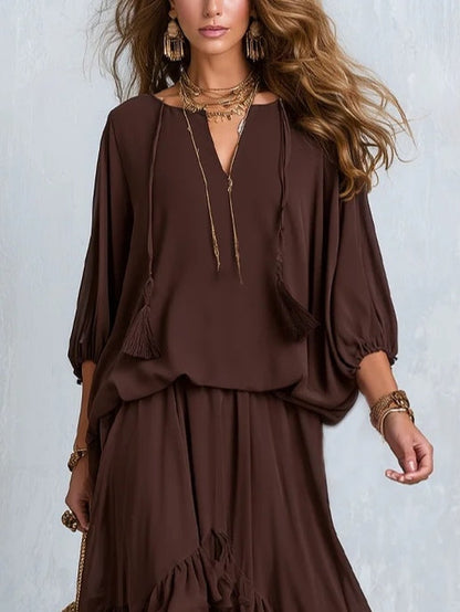 Fiorella | Completo con Top in Chiffon Marrone e Gonna a Volant