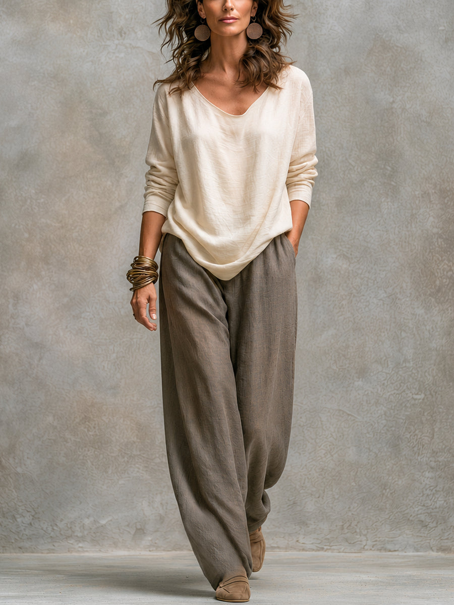 Mariangela | Completo Tre Pezzi Beige e Grigio con Pantalone a Palazzo