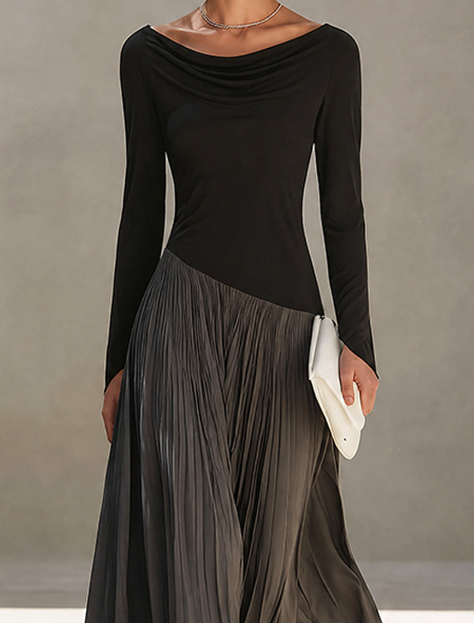 Marina | Abito Maxi Plissettato con Collo Drappeggiato Nero e Grigio