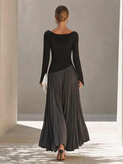 Marina | Abito Maxi Plissettato con Collo Drappeggiato Nero e Grigio