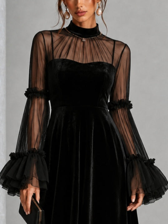 Ornella | Abito Midi in Velluto Nero con Tulle Trasparente