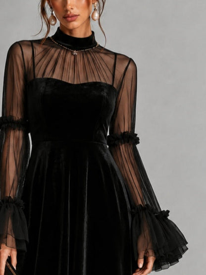Ornella | Abito Midi in Velluto Nero con Tulle Trasparente