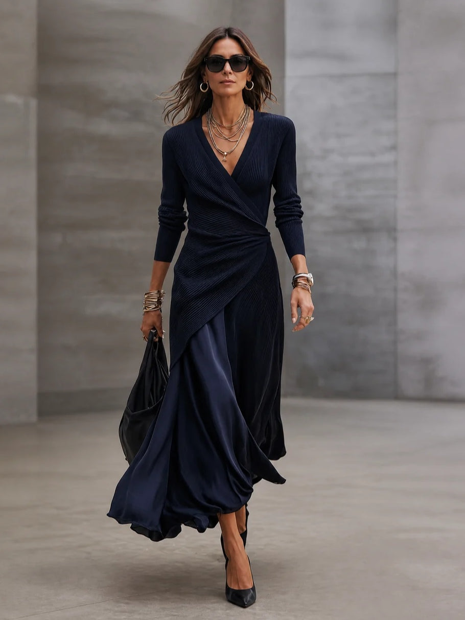 Orietta | Abito Maxi Asimmetrico con Inserti in Raso Blu Navy