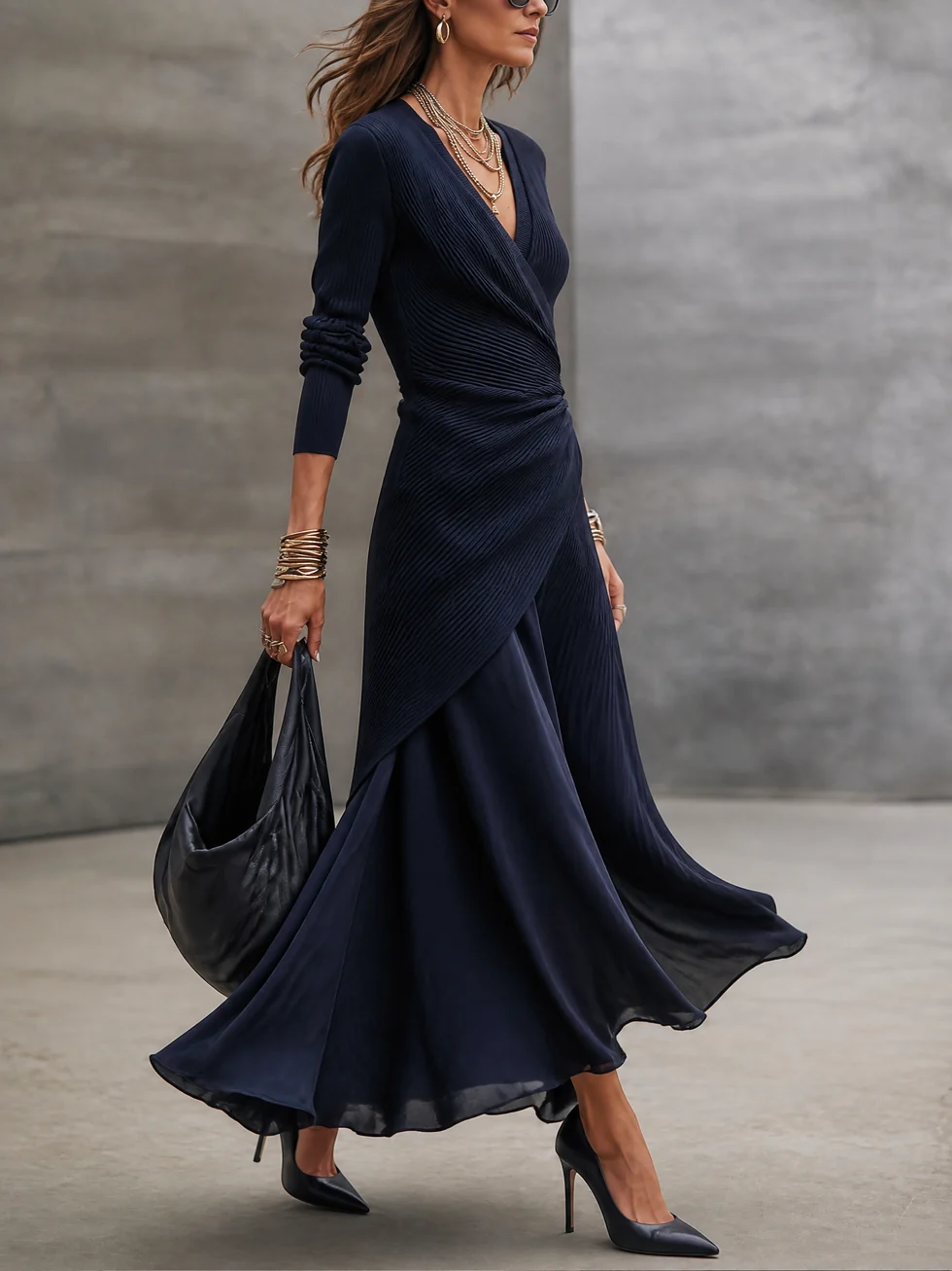 Orietta | Abito Maxi Asimmetrico con Inserti in Raso Blu Navy