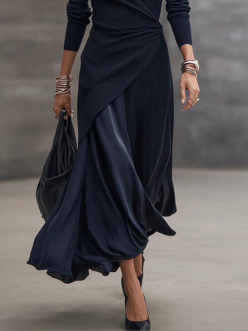 Orietta | Abito Maxi Asimmetrico con Inserti in Raso Blu Navy