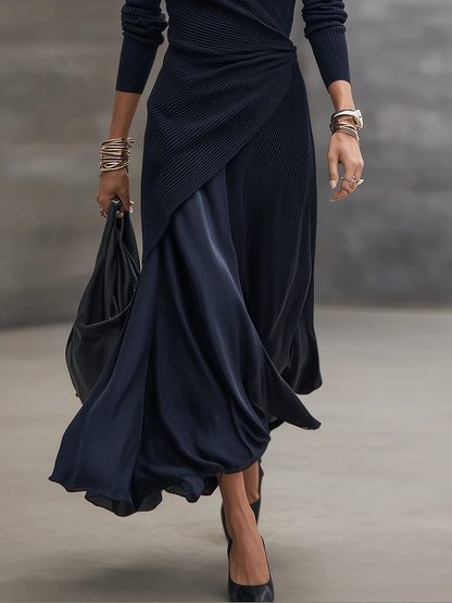 Orietta | Abito Maxi Asimmetrico con Inserti in Raso Blu Navy