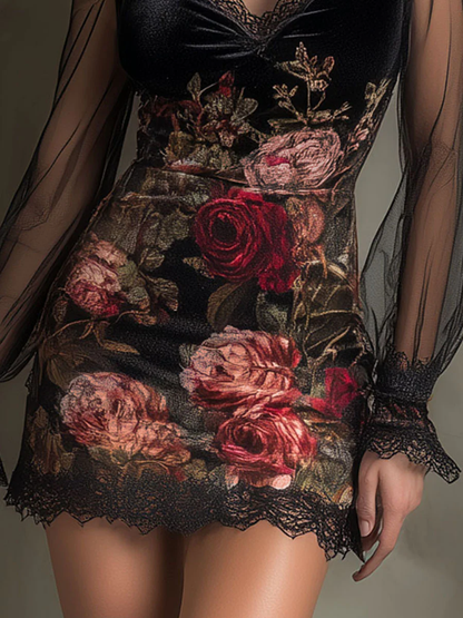 Eglantina | Mini Abito in Tulle con Stampa Rose e Pizzo