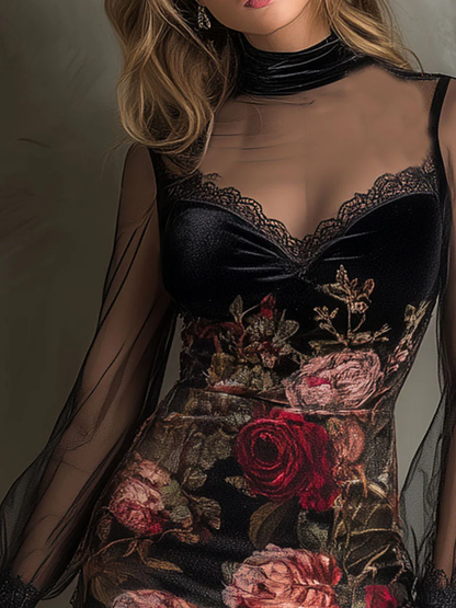 Eglantina | Mini Abito in Tulle con Stampa Rose e Pizzo