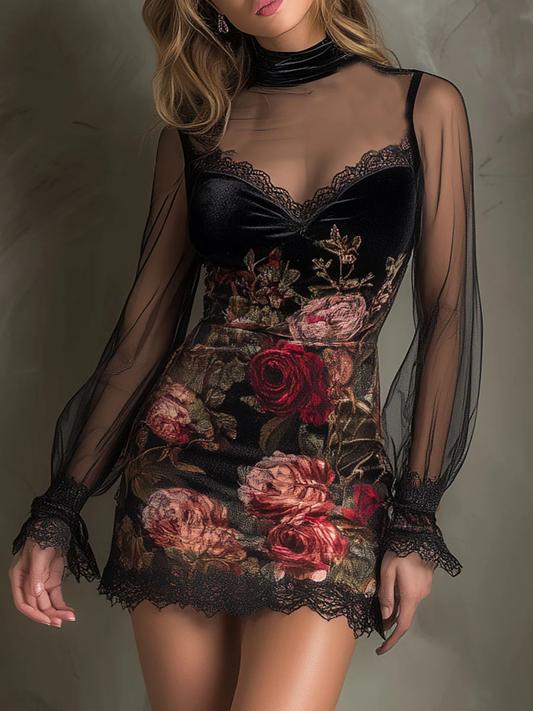 Eglantina | Mini Abito in Tulle con Stampa Rose e Pizzo