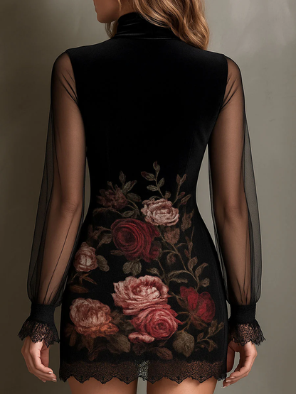Eglantina | Mini Abito in Tulle con Stampa Rose e Pizzo