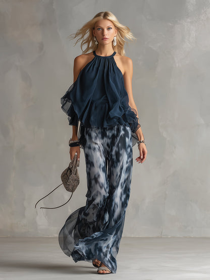 Chiara | Completo Elegante con Top Blu Navy a Schiena Scoperta e Pantaloni Ampi Stampati
