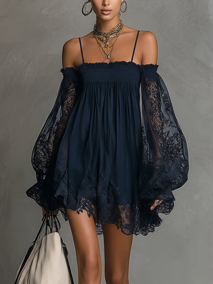 Noemi | Abito Corto in Chiffon Blu Navy con Spalle Scoperte e Finiture in Pizzo