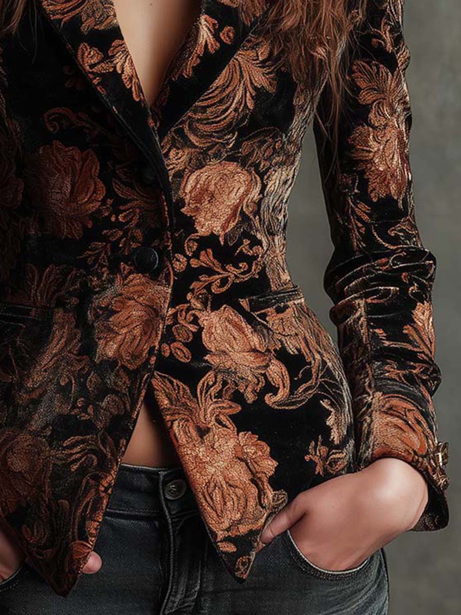 Bertilla | Blazer Sartoriale Stampa Floreale Nero e Bronzo
