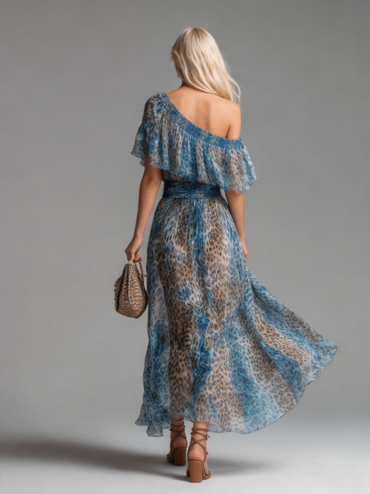 Selvaggia | Abito Lungo in Chiffon Leopardato con Spalle Scoperte