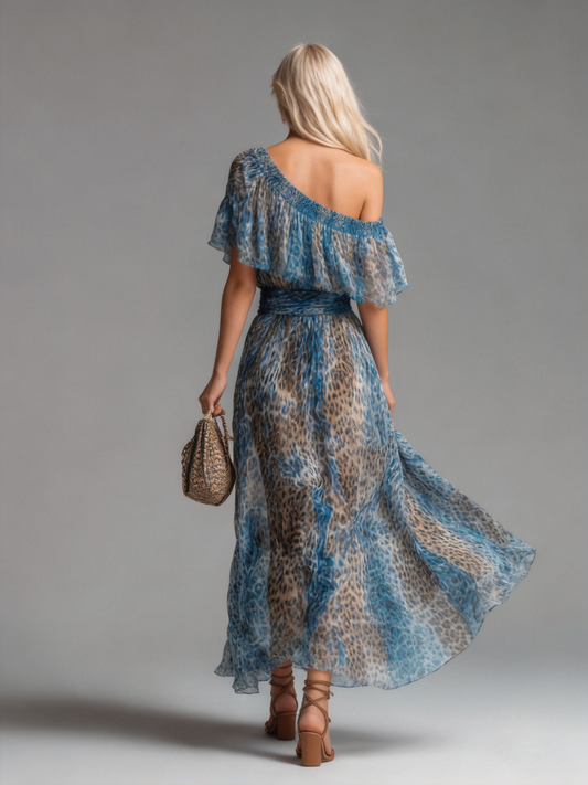 Selvaggia | Abito Lungo in Chiffon Leopardato con Spalle Scoperte