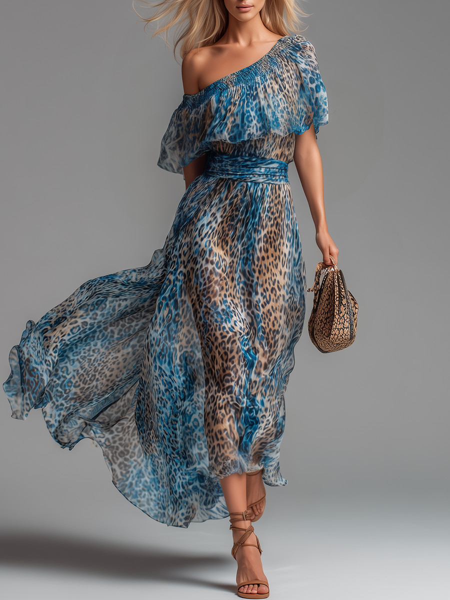 Selvaggia | Abito Lungo in Chiffon Leopardato con Spalle Scoperte