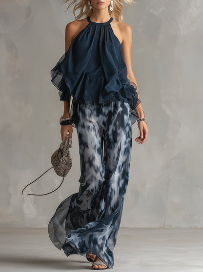 Chiara | Completo Elegante con Top Blu Navy a Schiena Scoperta e Pantaloni Ampi Stampati