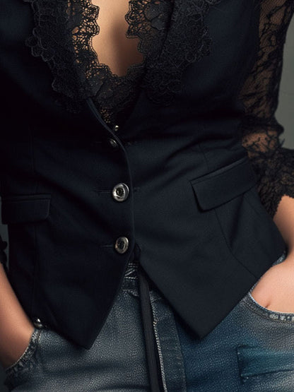 Noemi | Top Blazer Nero con Maniche Semitrasparenti