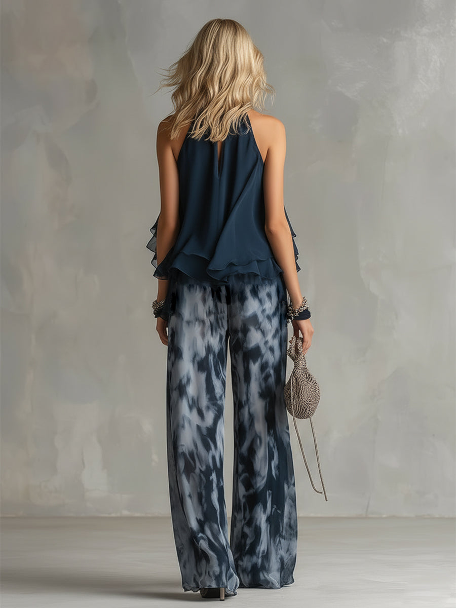 Chiara | Completo Elegante con Top Blu Navy a Schiena Scoperta e Pantaloni Ampi Stampati