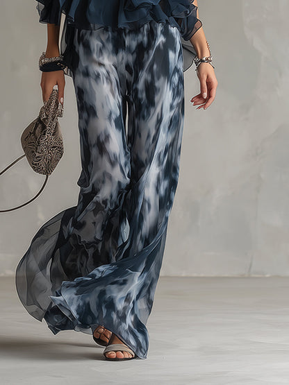 Chiara | Completo Elegante con Top Blu Navy a Schiena Scoperta e Pantaloni Ampi Stampati
