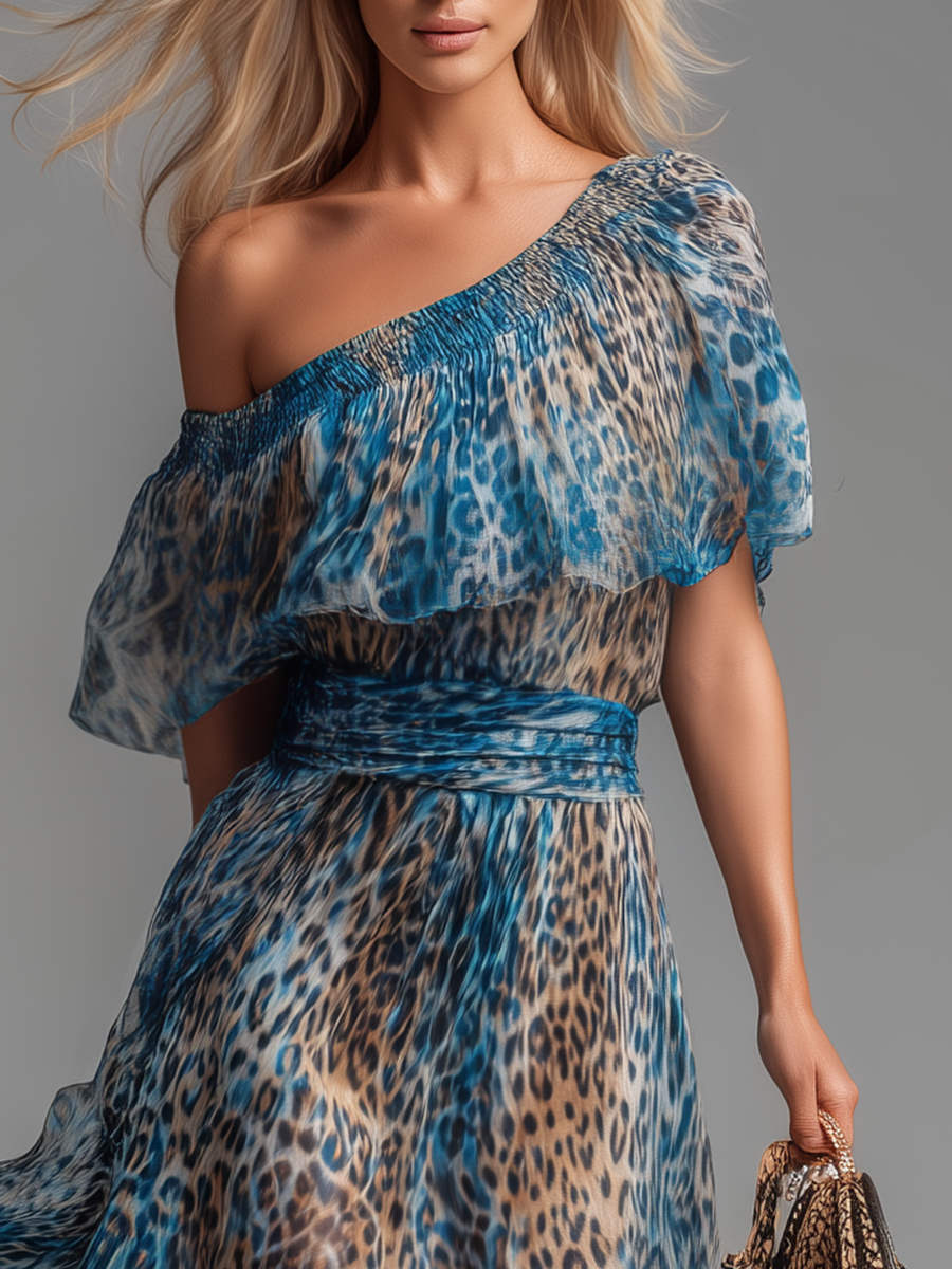 Selvaggia | Abito Lungo in Chiffon Leopardato con Spalle Scoperte