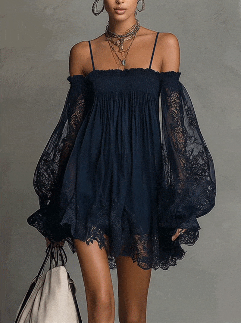 Noemi | Abito Corto in Chiffon Blu Navy con Spalle Scoperte e Finiture in Pizzo
