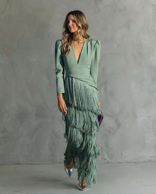 Chiara | Abito Midi Elegante con Maniche a Frange