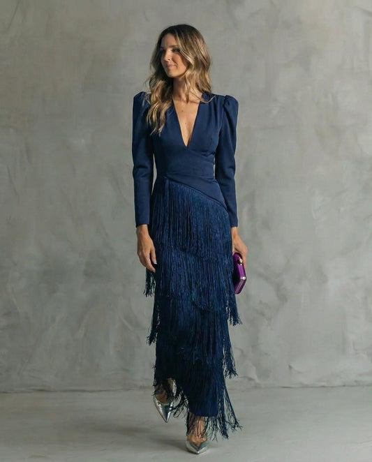 Chiara | Abito Midi Elegante con Maniche a Frange