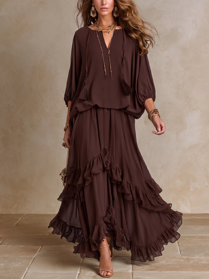 Fiorella | Completo con Top in Chiffon Marrone e Gonna a Volant